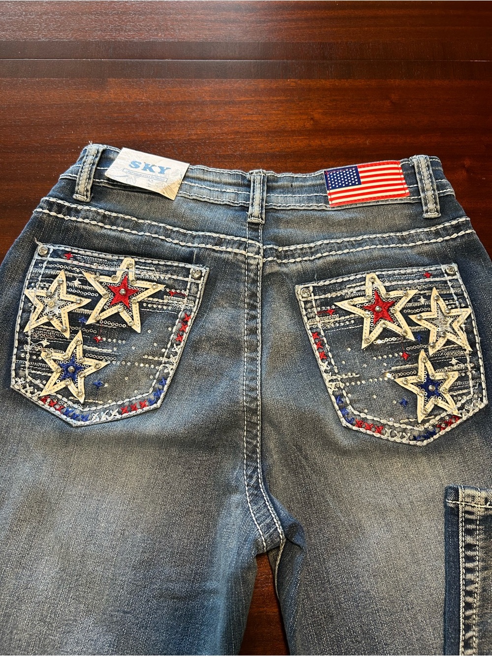 Sky Women’s Bootcut Jeans with Red, White & Blue Star Embroidery